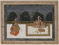 KT 1990 042
<br/>
Aanzienlijke Noord-Indiase dame met twee vrouwelijke muzikanten
<br/>
<em>Anoniem India (18e eeuw)</em>